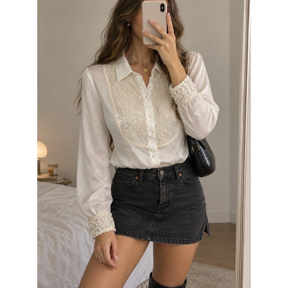 Vintage White Silk Blouse Beaded Bib Cuffs Romantic Ethereal Victorian M